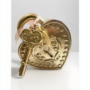 Gold Heart and Key Locket Decor w/ Cute Pink Bow Girls Women Room New Key Broken